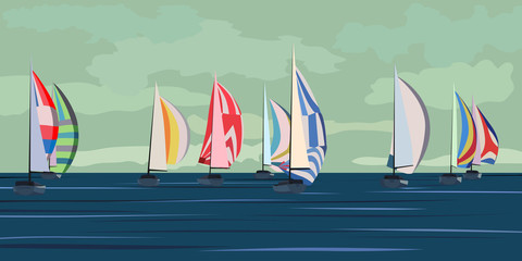 Vector illustration of sailing yacht regatta. - obrazy, fototapety, plakaty