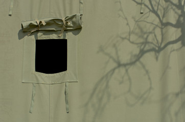 opened window of military tent