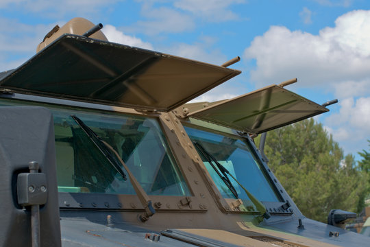 windshield of military armored vehicle