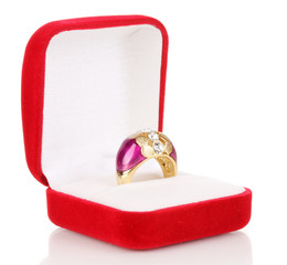 Gold ring with pattern of pink trim and clear crystals in red