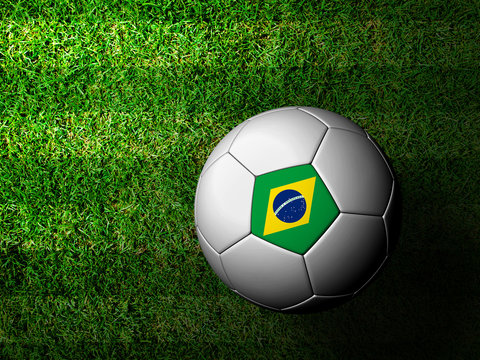 Brazil Flag Pattern 3d rendering of a soccer ball in green grass