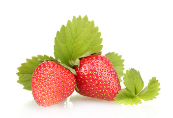 sweet ripe strawberries with leaves isolated on white
