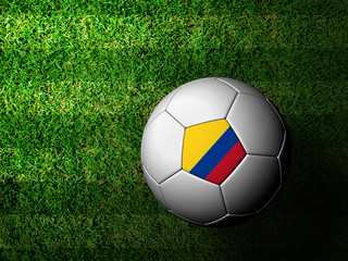 Colombia Flag Pattern 3d rendering of a soccer ball in green gra