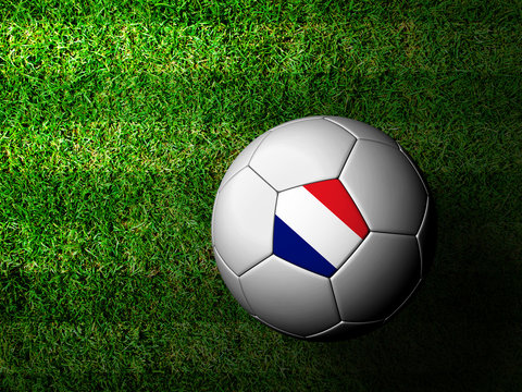 France Flag Pattern 3d rendering of a soccer ball in green grass