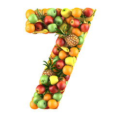 Number seven made from 3d fruits. Isolated on a white.