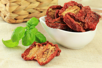 Sun dried tomatoes in a white bowl