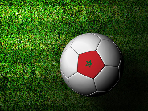 Morocco Flag Pattern 3d rendering of a soccer ball in green gras