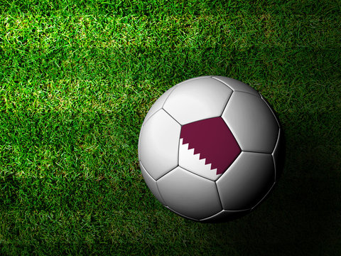 Qatar Flag Pattern 3d rendering of a soccer ball in green grass