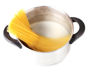 Cook the spagetti in the pan on white background close-up