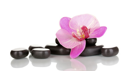 Spa stones with orchid flower isolated on white
