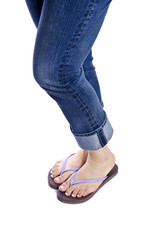 Woman Wearing Colorful Flip Flops Isolated on White