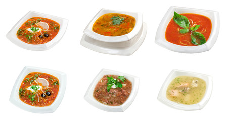 Food set of different delicious and healthy soups