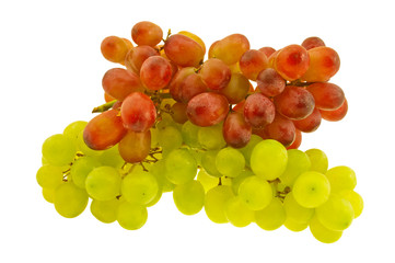 The clusters of green and dark blue grapes.