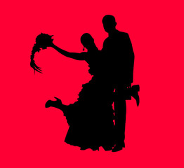 Groom and bride in red background silhouette layered