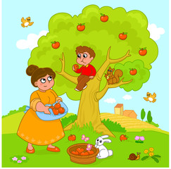 Bébé et maman cueillent des pommes. Vecteur.