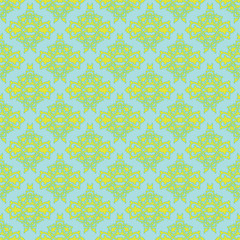 Baroque pattern in lime green on a blue background