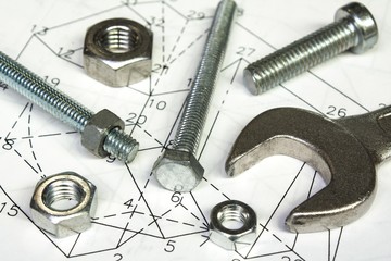 spanner and nuts  on  technical drawing
