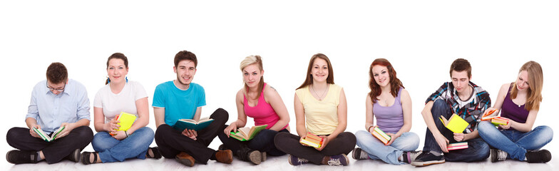 group of students sitting on the floor isolated
