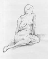 Sitting figure of a naked woman from front view, crayon sketch
