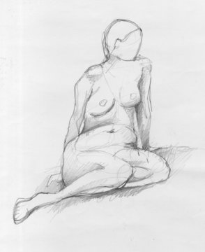 Sitting figure of a naked woman from front view, crayon sketch