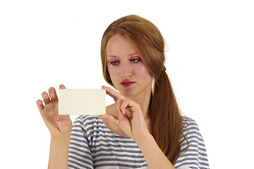 woman holding a white card