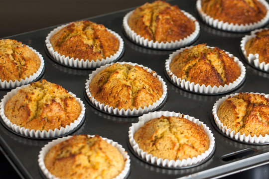 Delicious fresh homemade banana muffins in a baking tray