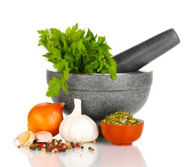 Set of ingredients and spice for cooking isolated on white