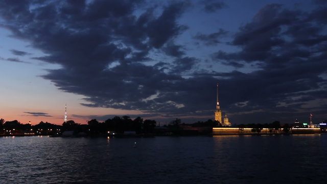 (pan) Peter and Paul Fortress at night, St. Petersburg, Russia