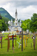 center of pilgrimage to famous cathedral in Lourdes, France.