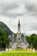 center of pilgrimage to famous cathedral in Lourdes, France.