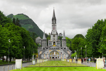 center of pilgrimage to famous cathedral in Lourdes, France.