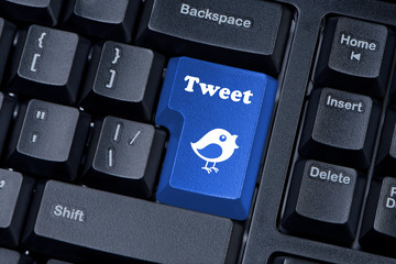 Button keypad with tweet and bird closeup. - obrazy, fototapety, plakaty