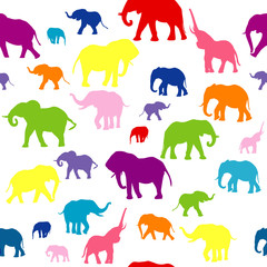 Seamless background with colored elephants silhouettes