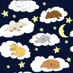 Fond de ciel nocturne avec des animaux de dessin animé mignons endormis