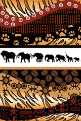 African background made of ethnic motifs and elephants silhouett