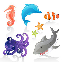 Fototapeta premium Set of Vector Cartoon Sea Creatures