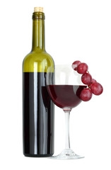 Red wine bottle and grape isolated on white