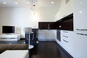 Interior of designer living room with kitchen
