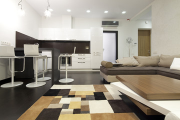 interior of designer living room with kitchen