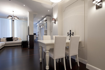 Interior of designer living room with kitchen