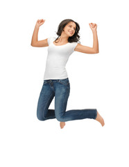 jumping woman in blank white t-shirt