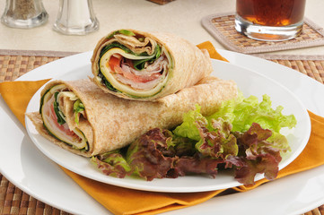 turkey wraps on a bed of lettuce