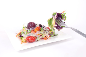 Salads, vegetables and fruits,isolated on white background.