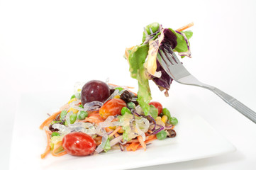 Salads, vegetables and fruits,isolated on white background.