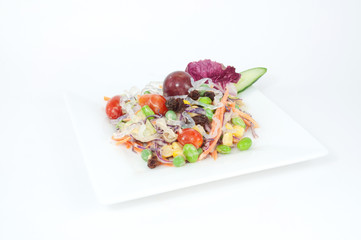 Salads, vegetables and fruits,isolated on white background.