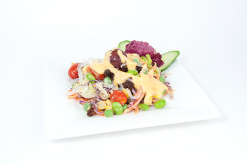 Salads, vegetables and fruits,isolated on white background.