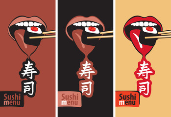 set of banners with the mouth eat sushi
