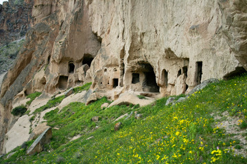 beautiful view of old greek church and caves in Cappadocia