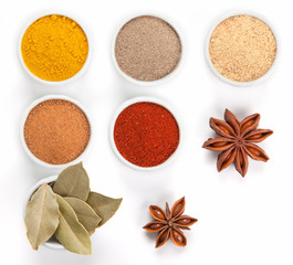  Different spices in white bowls isolated on white background.