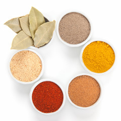  Different spices in white bowls isolated on white background.